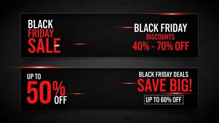 Sleek Black Friday promotion banners with bold red text for sales and discounts