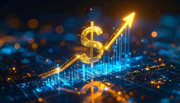 A golden dollar sign with an upward-trending arrow showing robust financial growth over a digital matrix