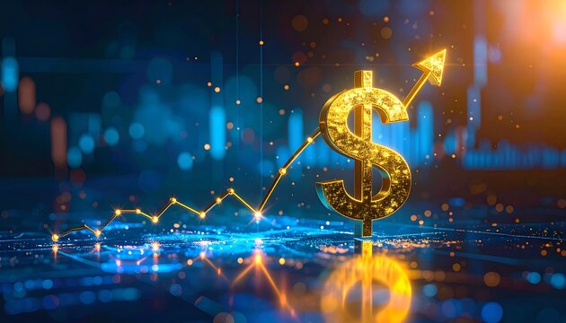 A golden dollar symbol on a futuristic digital surface with an ascending line graph symbolizing strong market growth - Powered by Adobe