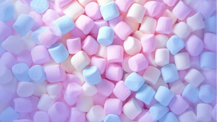 Pastel marshmallows spread on flat surface. AI image