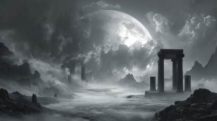 Monochrome ruins under large moon amidst misty, mountainous landscape with clouds