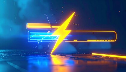 A vibrant, yellow lightning bolt intersecting a futuristic blue charging or loading bar against a dark, neon blue background