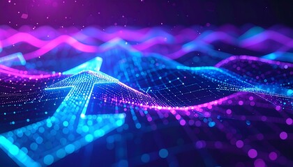 Dynamic digital landscape featuring a glowing arrow rising over undulating neon data waves.