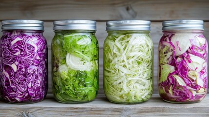 Four jars of fermented cabbage in various colors, including purple and green, arranged on a wooden surface. Each jar contains shredded cabbage and brine.
