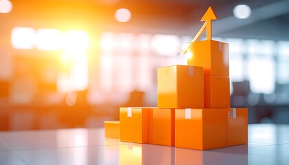Orange boxes form an upward chart with a glowing arrow, symbolizing business growth in a sunlit office.