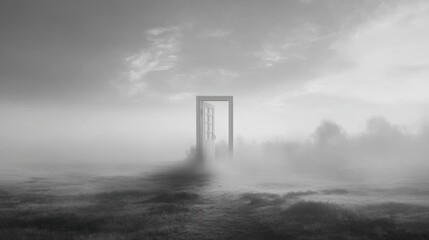 Ethereal doorway stands in a misty field under a clouded sky, rendered in grayscale