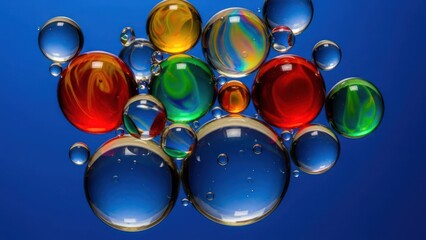 Colorful liquid bubbles cluster against a vibrant dark blue background