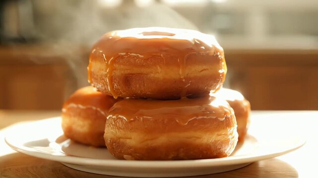Warm caramel glazed donuts stacked on a white plate with steam rising visually appetizing dessert