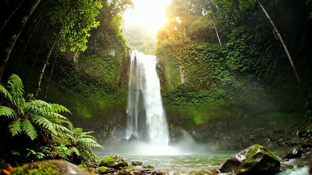 A tranquil waterfall cascading through a lush tropical jungle surrounded by green nature