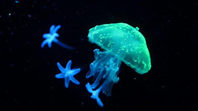 Bioluminescent jellyfish with glowing star-shaped creatures in dark water during nighttime dive