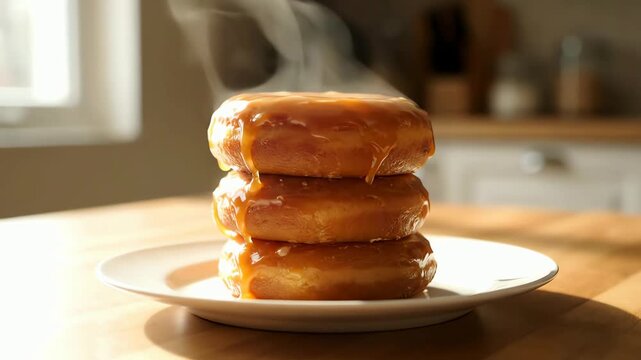Delicious stacked caramel glazed donuts steaming on a white plate in a kitchen
