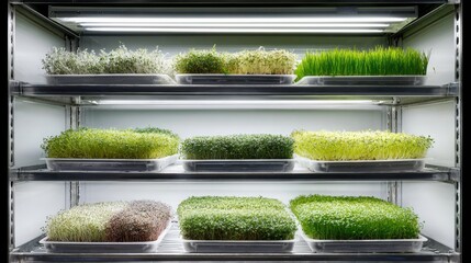 Multiple trays of microgreens cultivated under LED lights in controlled indoor farm. Dense, vibrant sprouts arranged on steel racks illustrate efficient modern vertical agriculture