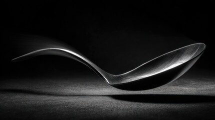 Fototapeta premium Silver spoon levitates against a stark, dark background, accentuated by dramatic lighting