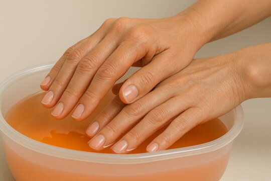 Close-up of paraffin wax treatment on hands in warm spa bath
