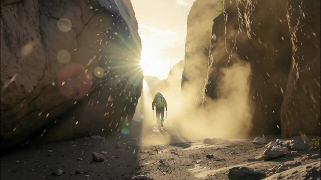 Journey Through the Canyon: A solitary figure, a tiny silhouette against the majestic rock formations, is dwarfed by the landscape as he journeys forward in a canyon, bathed in golden sunlight.