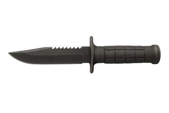 Tactical combat knife with black blade and serrated edge, representing danger, military, and survival concepts