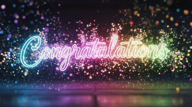 Colorful Neon Congratulations Text with Sparkling Firework Effect in Dynamic Video Sequence