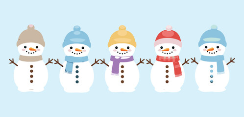 Adorable Snowmen in Winter Hats and Scarves for Festive Holiday Decor flat vector illustration