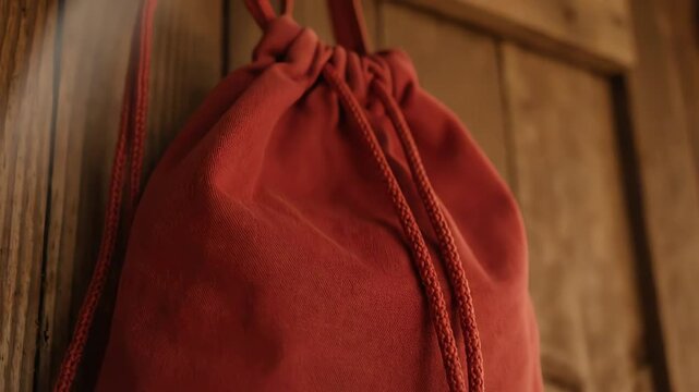 Close-up shot of a red drawstring backpack hanging against a rustic wooden wall indoors