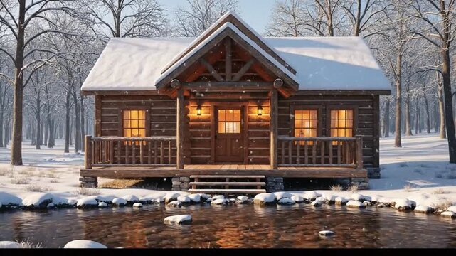 Cozy wooden cabin in winter landscape with glowing lights by a riverfront