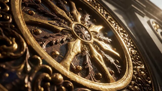 Intricate golden ornamental metallic scrollwork detail on a grand entrance door