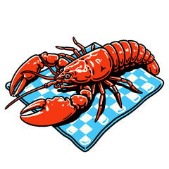 Red lobster illustration, seafood dinner, crustacean graphic art, marine animal, pop art style, vintage drawing, cooked shellfish, dining icon, checkered tablecloth, summer feast