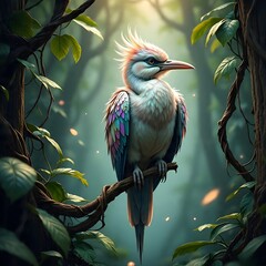 Fototapeta premium Fantasy-style glowing Hudhud bird with iridescent crown feathers, perched on mystical jungle vines, ethereal lighting, magical atmosphere