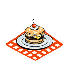 Dessert burger illustration, sweet cheeseburger concept, cherry top, whipped cream, cute retro food art, vintage comic style, fast food drawing, pop art, playful sandwich