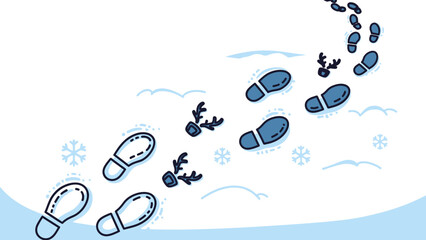 Footprints and reindeer tracks in fresh snow, with snowflakes, illustrating a winter path. © Maryam