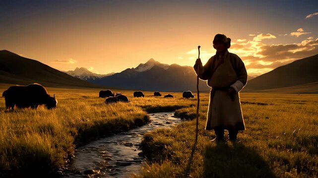 Pastoral Scene of a Nomad Herding Yaks in a Majestic Mountain Valley at Golden Hour Sunset