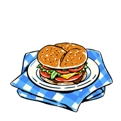 Cheeseburger illustration, classic beef burger, gourmet fast food, lunch menu item, pop art style, hand-drawn vector, picnic food on blue gingham, restaurant graphic, isolated, retro cartoon
