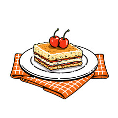 Dessert slice, cartoon cake, cherries on top, sweet pastry, doodle illustration, bakery item, retro food art, layered treat, breakfast, snack, cafe menu, hand drawn icon