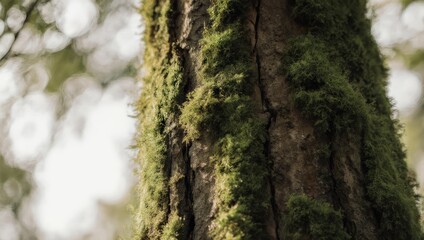 Obraz premium Close up of green moss growing on a tree trunk in a sunlit forest.