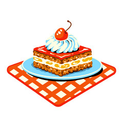Dessert slice illustration, whipped cream and cherry cake, sweet food, pastry drawing, layered baked goods, confectionery art, square piece, retro cafe menu design