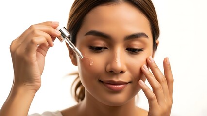Fototapeta premium Woman applying serum to her face with a dropper
