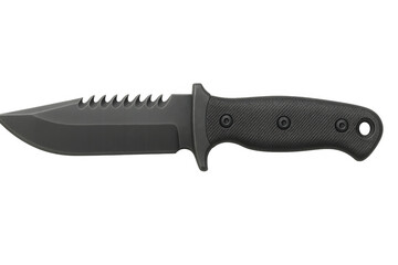 Tactical survival knife featuring a serrated blade and textured handle, a specialized combat and outdoor gear tool