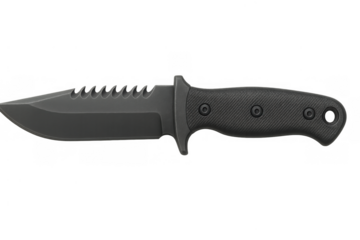 Tactical survival knife featuring a serrated blade and textured handle, a specialized combat and outdoor gear tool