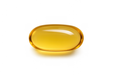 Yellow softgel capsule providing omega-3 fish oil, vitamin d3, or other nutritional supplement on transparent background
