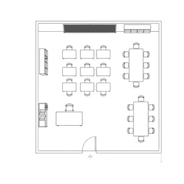 classroom floor plan with teacher desk student tables and meeting areas in open learning space layout ideal for education design