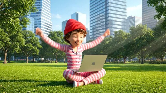 Young Child Wearing Valentine Day Pajamas and Red Beanie, Sitting on Green Grass in a Park, Typing on a Laptop, Celebrating Individuality and Remote Work
