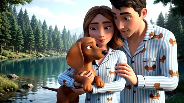 Happy Couple in Matching Valentine Day Pajamas Cuddling Their Dachshund Dog by a Serene Lake Surrounded by Pine Trees