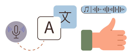 Microphone for voice input, language characters, audio wave, and thumbs-up gesture. Ideal for communication, translation, technology, AI, global interaction accessibility simple flat metaphor