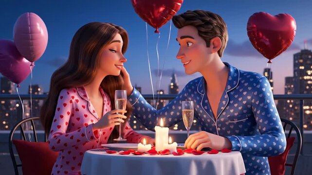 Romantic Couple in Valentine Day Pajamas Enjoying Champagne and Candlelight Dinner on Balcony with Cityscape and Heart Balloons