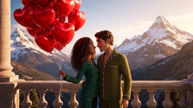 Couple in Valentine Day Pajamas with Heart Balloons Enjoying Mountain View on Balcony