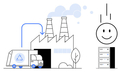 Recycling concept. Recycling process from waste collection truck to processing factories and optimized server management. Recycling promotes sustainability, renewable energy, and eco-efficiency
