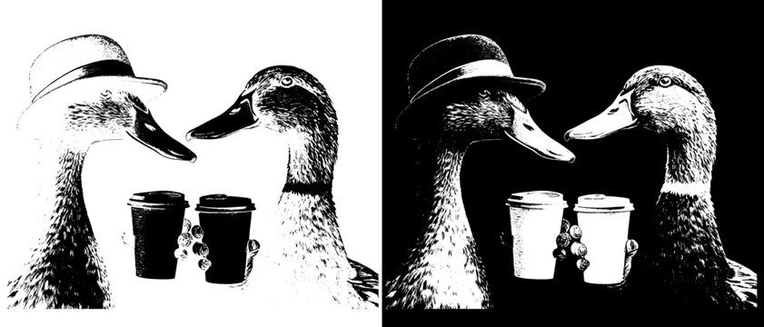 Vintage Ducks Drinking Coffee Engraving, Inverted Black White Xerography Vector on Transparent Background for Laser Engraving on Dark Surface