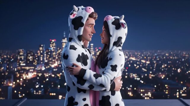 Cute Couple in Cow Pajamas Hugging on Rooftop Overlooking Cityscape at Night - Valentine Day Pajamas