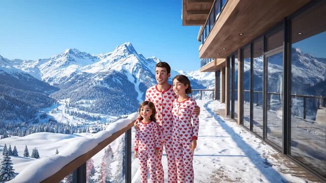 Charming Family in Valentine Day Pajamas Enjoying Snowy Mountain View from Balcony - Winter Holiday Celebration
