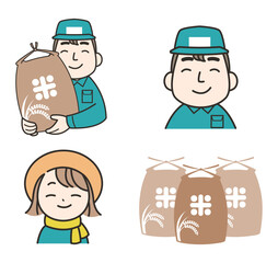 米袋を持つ農家と人物のイラストセット