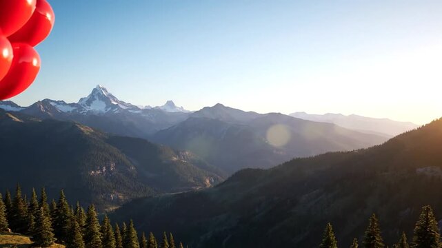 Romantic Couple in Valentine Day Pajamas Holding Heart Balloons Enjoying Sunrise Over Majestic Mountain Landscape